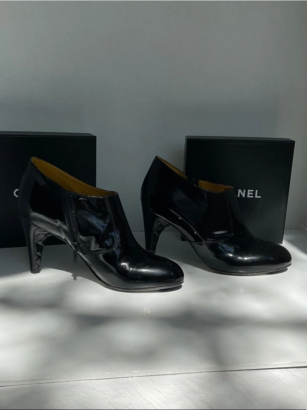 CHANEL Black Patent Leather Ankle Boots with Multicolor Tweed Shaft